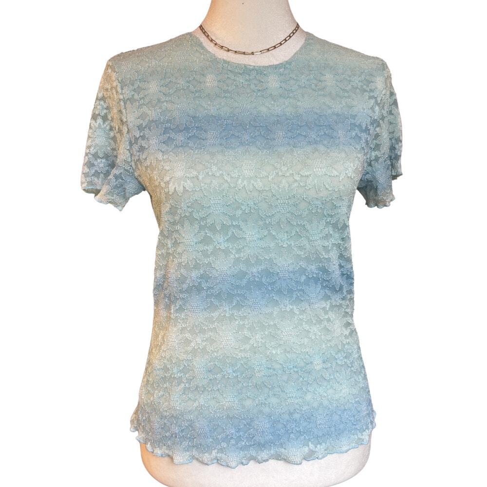 Y2K Girl Identity Icy Blue Floral Lace Stretch Top Fairy Coquette Size XS